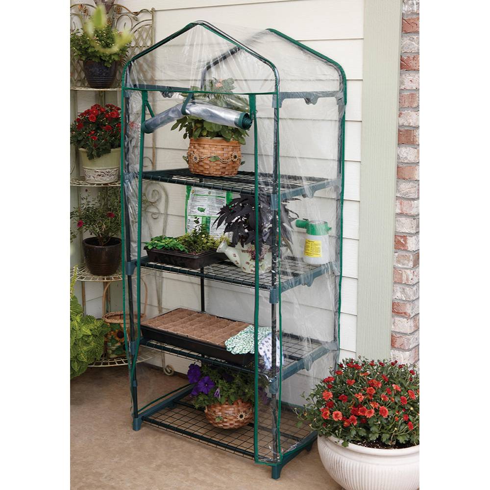Compact greenhouse with four wire mesh shelves and a clear plastic zippered cover, designed for small spaces and air circulation in Farm, Garden & Tool and Garden Accessories collections.