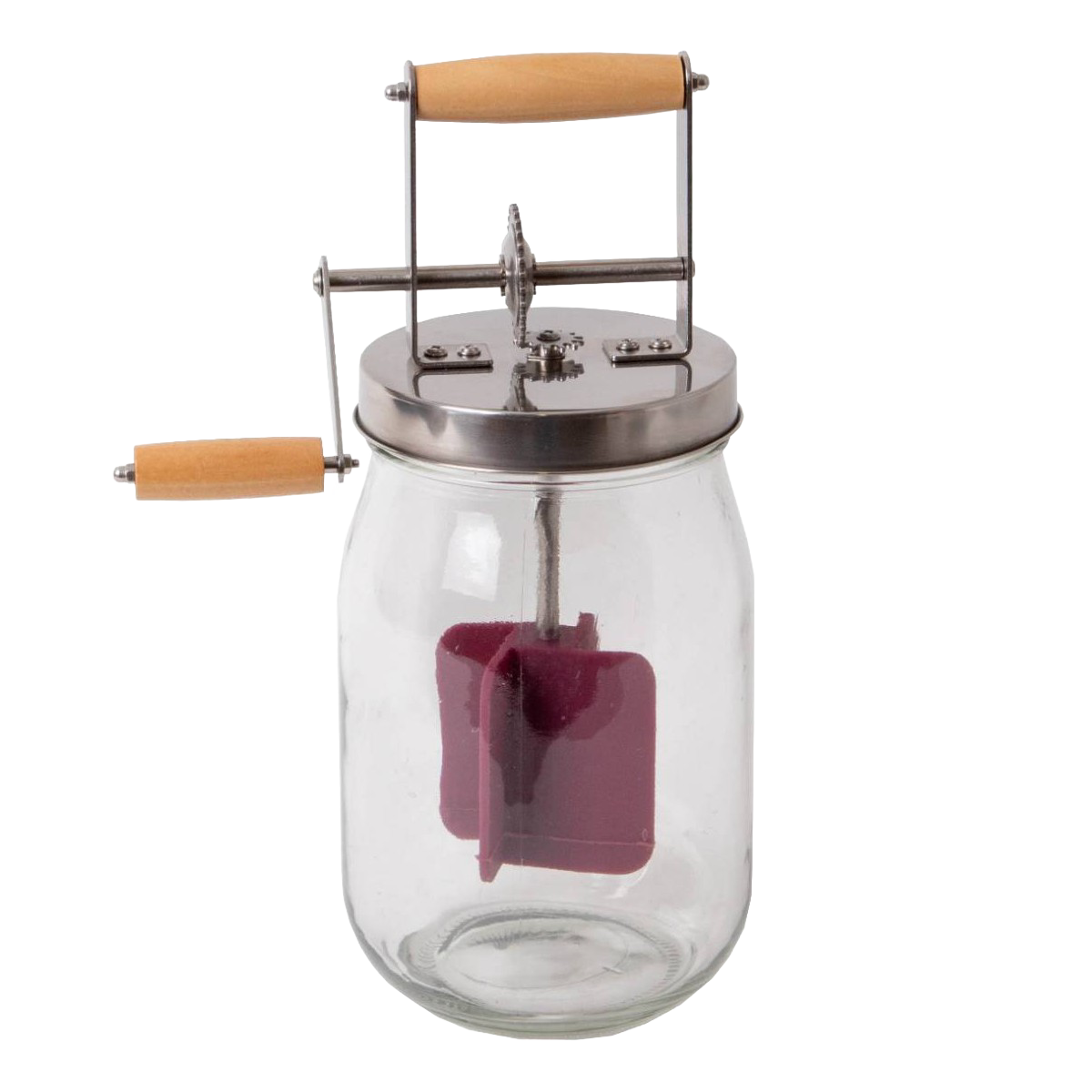 Mini glass butter churn with stainless steel lid and wooden handle, designed for easy homemade butter making in Farm, Garden & Tool and Kitchen & Food collections.