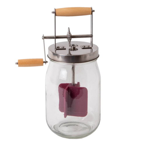Mini glass butter churn with stainless steel lid and wooden handle, designed for easy homemade butter making in Farm, Garden & Tool and Kitchen & Food collections.
