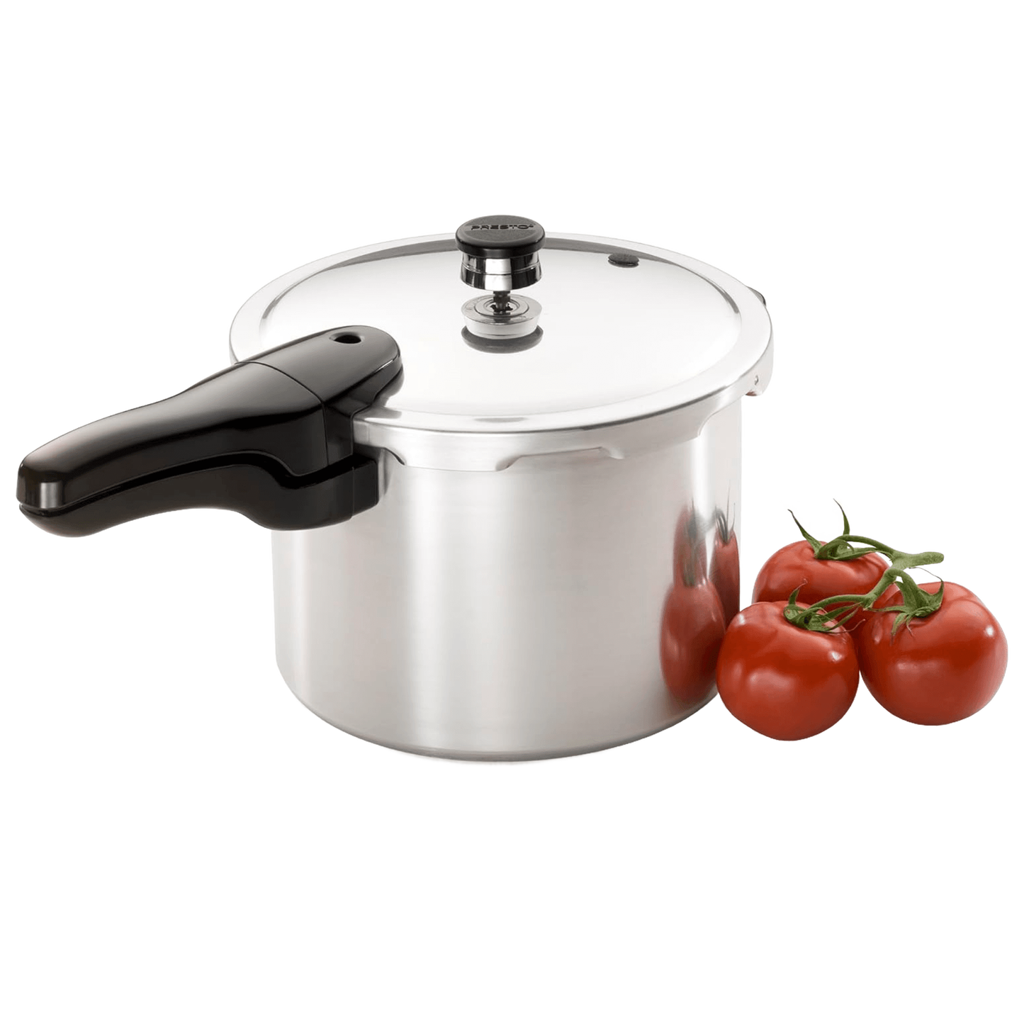 Stainless aluminum pressure cooker with black handle, shown next to fresh vine-ripened tomatoes, featured in Kitchen & Food, Cookware, Pots and Pans, Best Sellers, Promo Eligible collections.