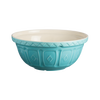 Turquoise handcrafted earthenware mixing bowl with embossed patterns and a glossy cream interior, featured in Kitchen & Food, Cookware, Baking Supplies, and Best Sellers collections.