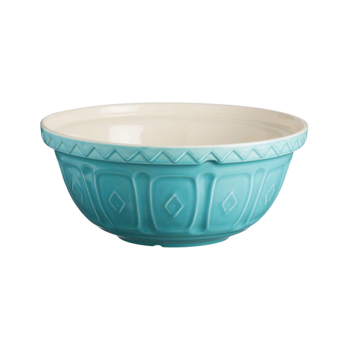Turquoise handcrafted earthenware mixing bowl with embossed patterns and a glossy cream interior, featured in Kitchen & Food, Cookware, Baking Supplies, and Best Sellers collections.