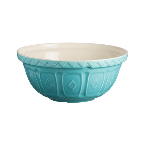Turquoise handcrafted earthenware mixing bowl with embossed patterns and a glossy cream interior, featured in Kitchen & Food, Cookware, Baking Supplies, and Best Sellers collections.