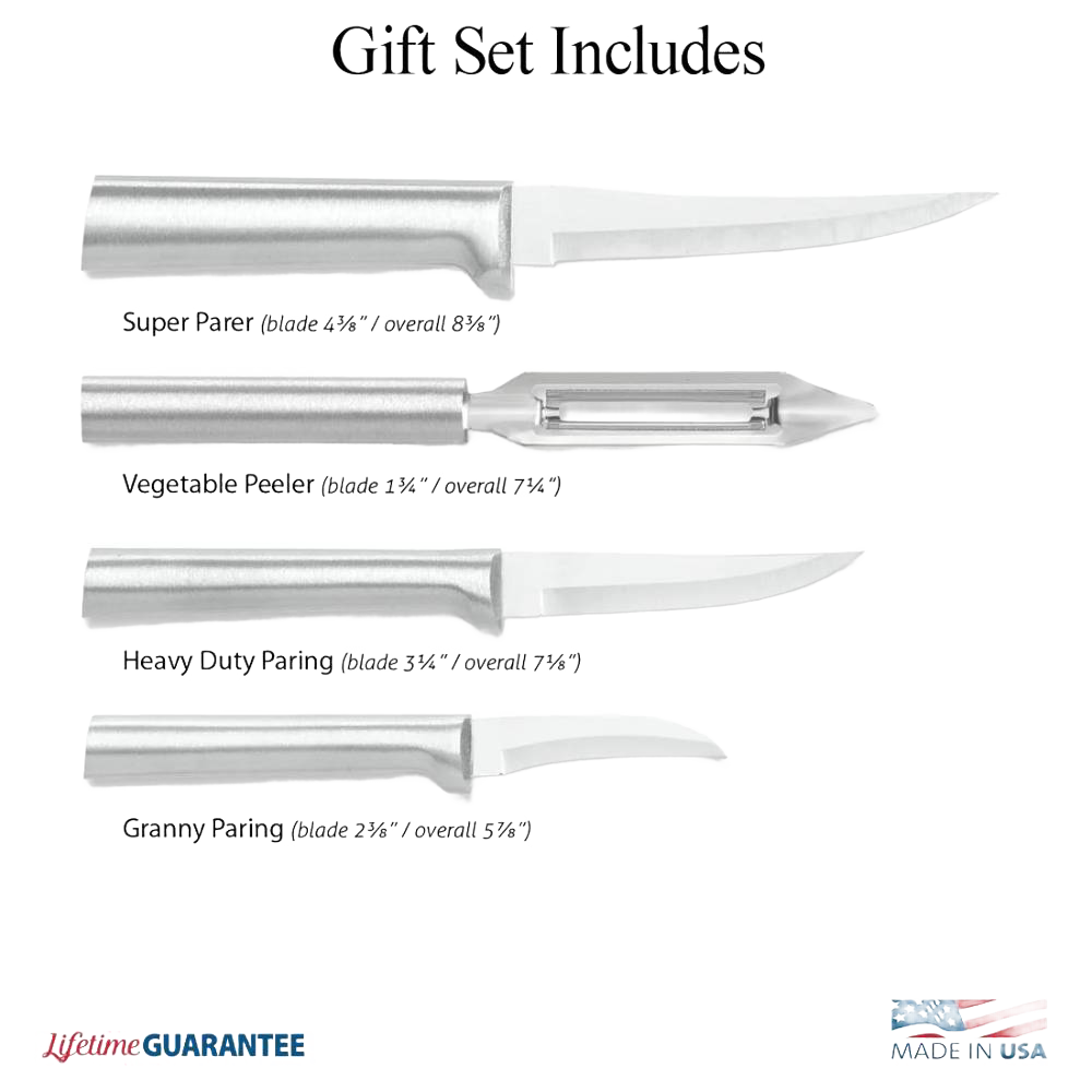 Set of four handcrafted stainless steel kitchen tools for food prep, including paring knives and a vegetable peeler, crafted in the USA, ideal for Farm, Garden & Tool and Kitchen & Food collections.