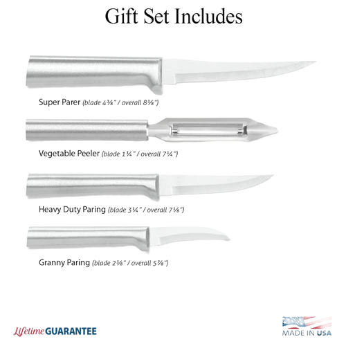 Set of four handcrafted stainless steel kitchen tools for food prep, including paring knives and a vegetable peeler, crafted in the USA, ideal for Farm, Garden & Tool and Kitchen & Food collections.