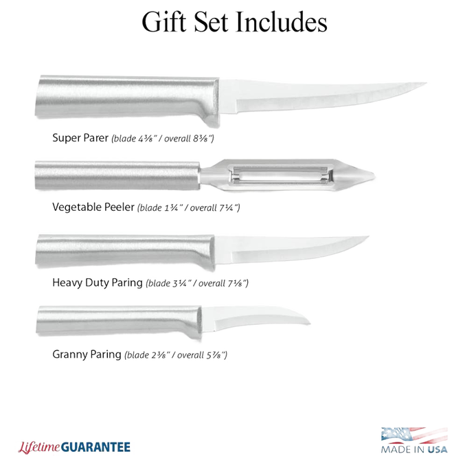 Set of four handcrafted stainless steel kitchen tools for food prep, including paring knives and a vegetable peeler, crafted in the USA, ideal for Farm, Garden & Tool and Kitchen & Food collections.