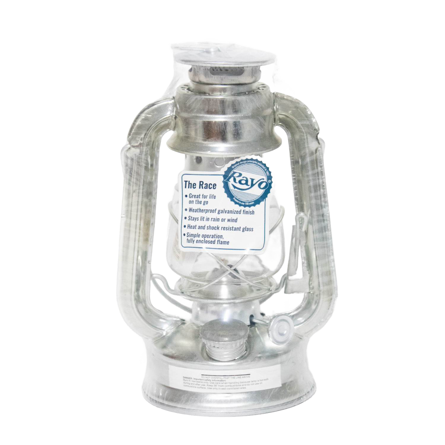 Compact galvanized metal lantern with weatherproof design, heat and shock resistant glass, ideal for camping, emergency supplies, farm, garden, and outdoor use.