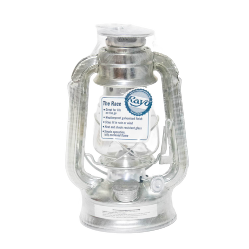 Compact galvanized metal lantern with weatherproof design, heat and shock resistant glass, ideal for camping, emergency supplies, farm, garden, and outdoor use.