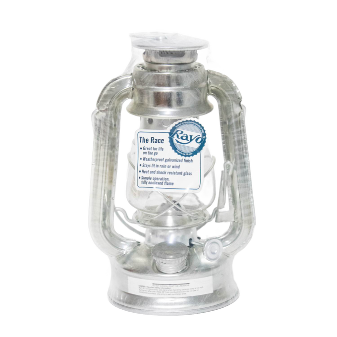 Compact galvanized metal lantern with weatherproof design, heat and shock resistant glass, ideal for camping, emergency supplies, farm, garden, and outdoor use.