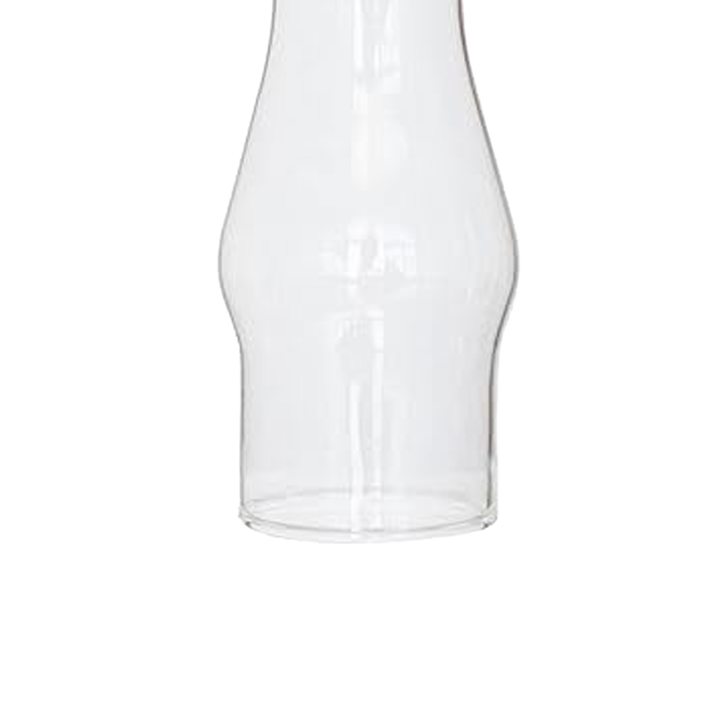 Clear glass oil lamp chimney with a 1-5/8 inch base and bulged design, suitable for lamps and lighting, parts and accessories, chimneys and globes collections.