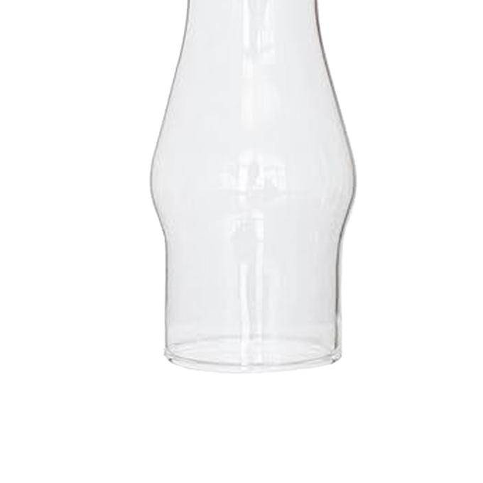 Clear glass oil lamp chimney with a 1-5/8 inch base and bulged design, suitable for lamps and lighting, parts and accessories, chimneys and globes collections.