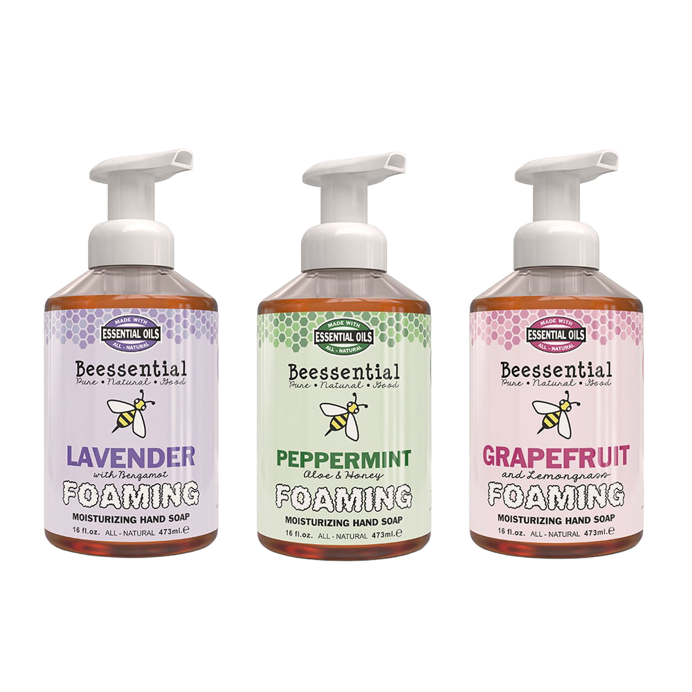 Three bottles of natural foaming hand soap in Lavender, Peppermint, and Grapefruit scents with colorful labels, part of USA Made health and wellness soap collections.