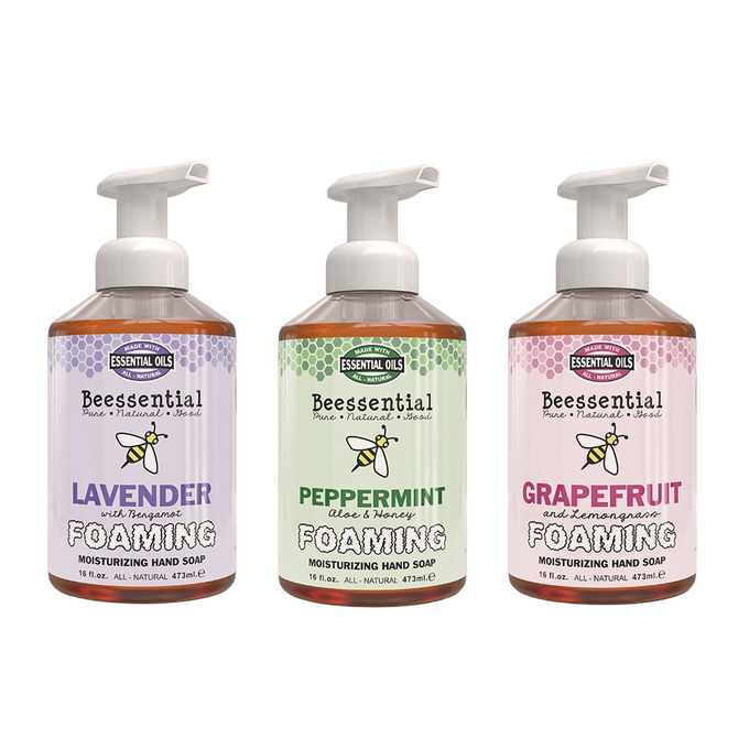 Three bottles of natural foaming hand soap in Lavender, Peppermint, and Grapefruit scents with colorful labels, part of USA Made health and wellness soap collections.