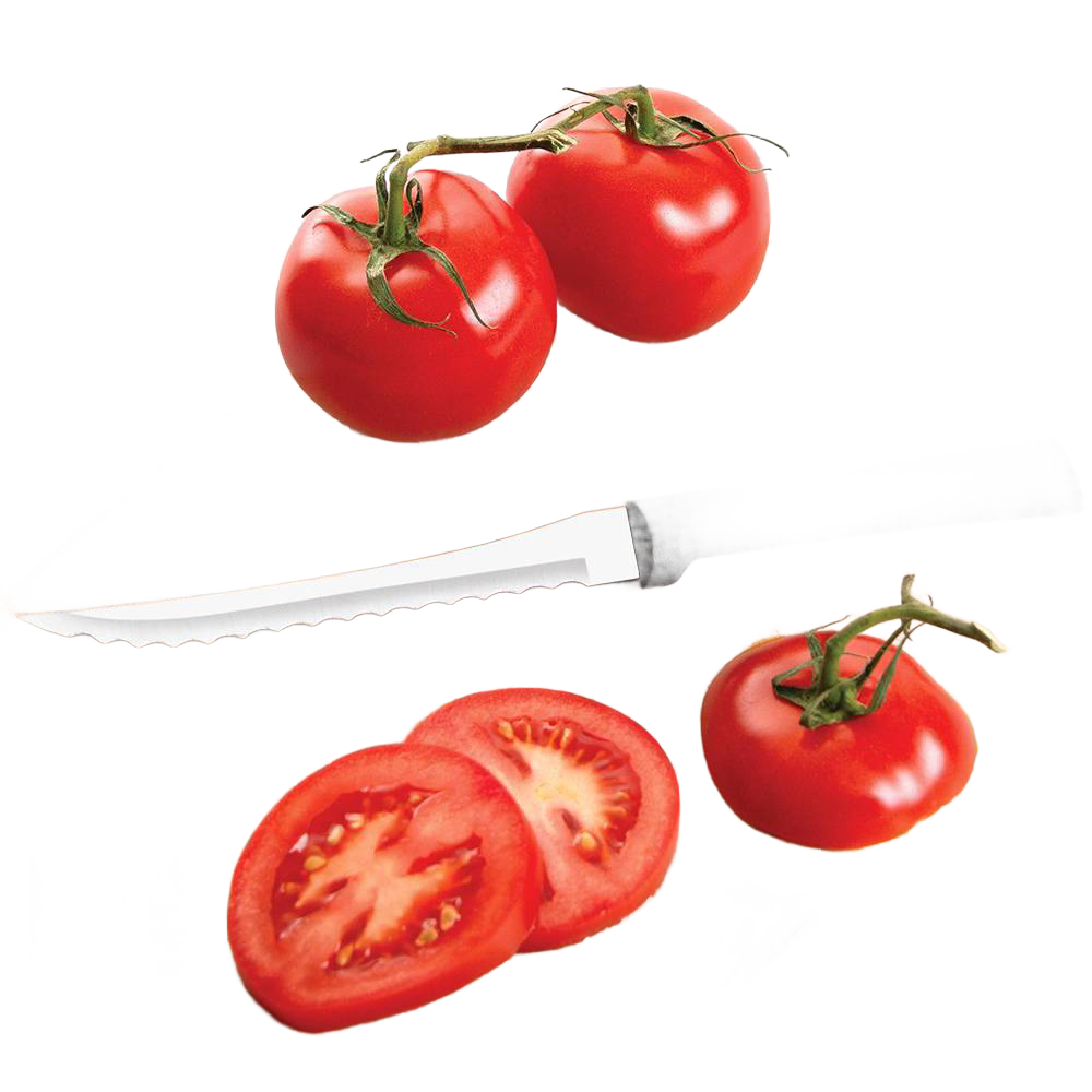 High carbon stainless steel tomato slicer with serrated blade and black handle, slicing fresh ripe tomatoes, handcrafted in USA, ideal for kitchen knives and food prep collections.