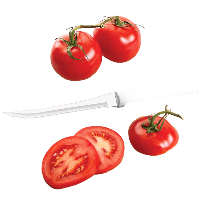High carbon stainless steel tomato slicer with serrated blade and black handle, slicing fresh ripe tomatoes, handcrafted in USA, ideal for kitchen knives and food prep collections.