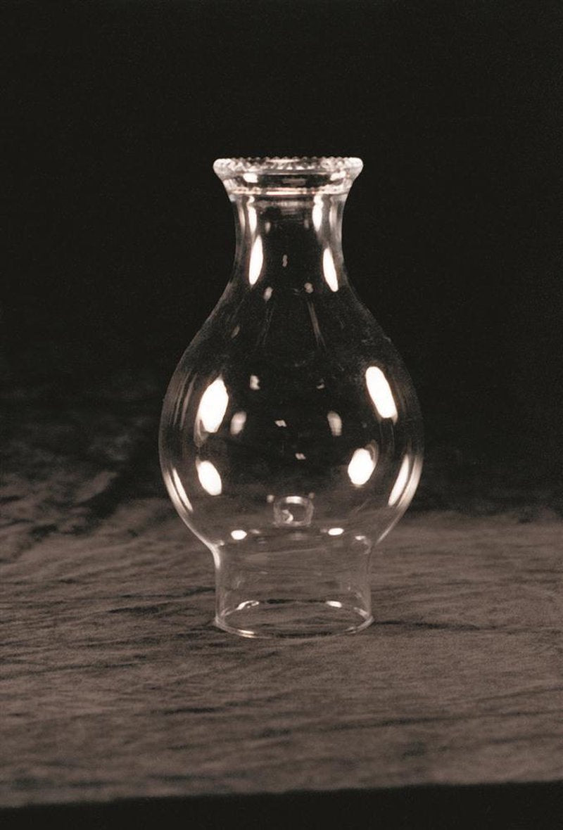 Clear crimp top glass lamp chimney with a 3-inch base and rounded bulge, designed as a durable replacement part featured in Lamps & Lighting, Parts and Accessories, Chimneys and Globes collections.