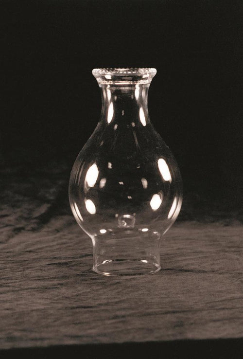 Clear crimp top glass lamp chimney with a 3-inch base and rounded bulge, designed as a durable replacement part featured in Lamps & Lighting, Parts and Accessories, Chimneys and Globes collections.