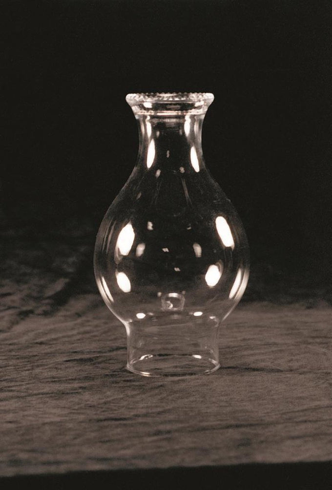 Clear crimp top glass lamp chimney with a 3-inch base and rounded bulge, designed as a durable replacement part featured in Lamps & Lighting, Parts and Accessories, Chimneys and Globes collections.