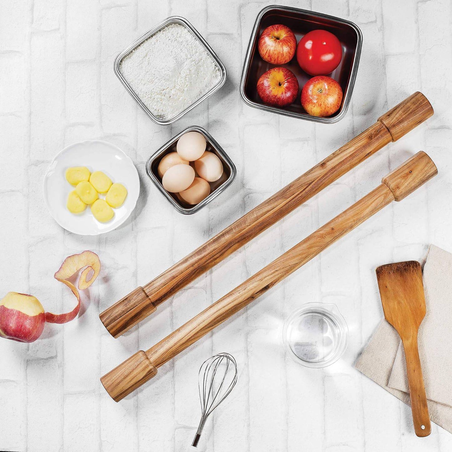 Pair of handcrafted acacia wood rolling pins with fixed handles displayed alongside baking ingredients and utensils, ideal for Kitchen & Food, Cookware, Baking Supplies, Best Sellers, and Promo Eligible collections.