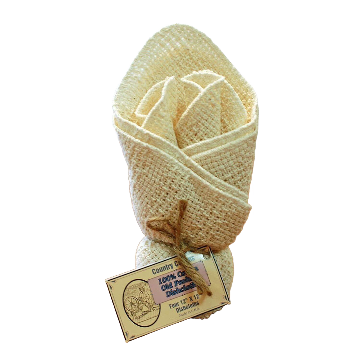 Set of four pre-shrunk 100% cotton dishcloths in natural cream, tied with rustic twine and featuring a vintage-style tag, ideal for Kitchen & Food, Kitchen Textiles, USA Made, and Best Sellers collections.
