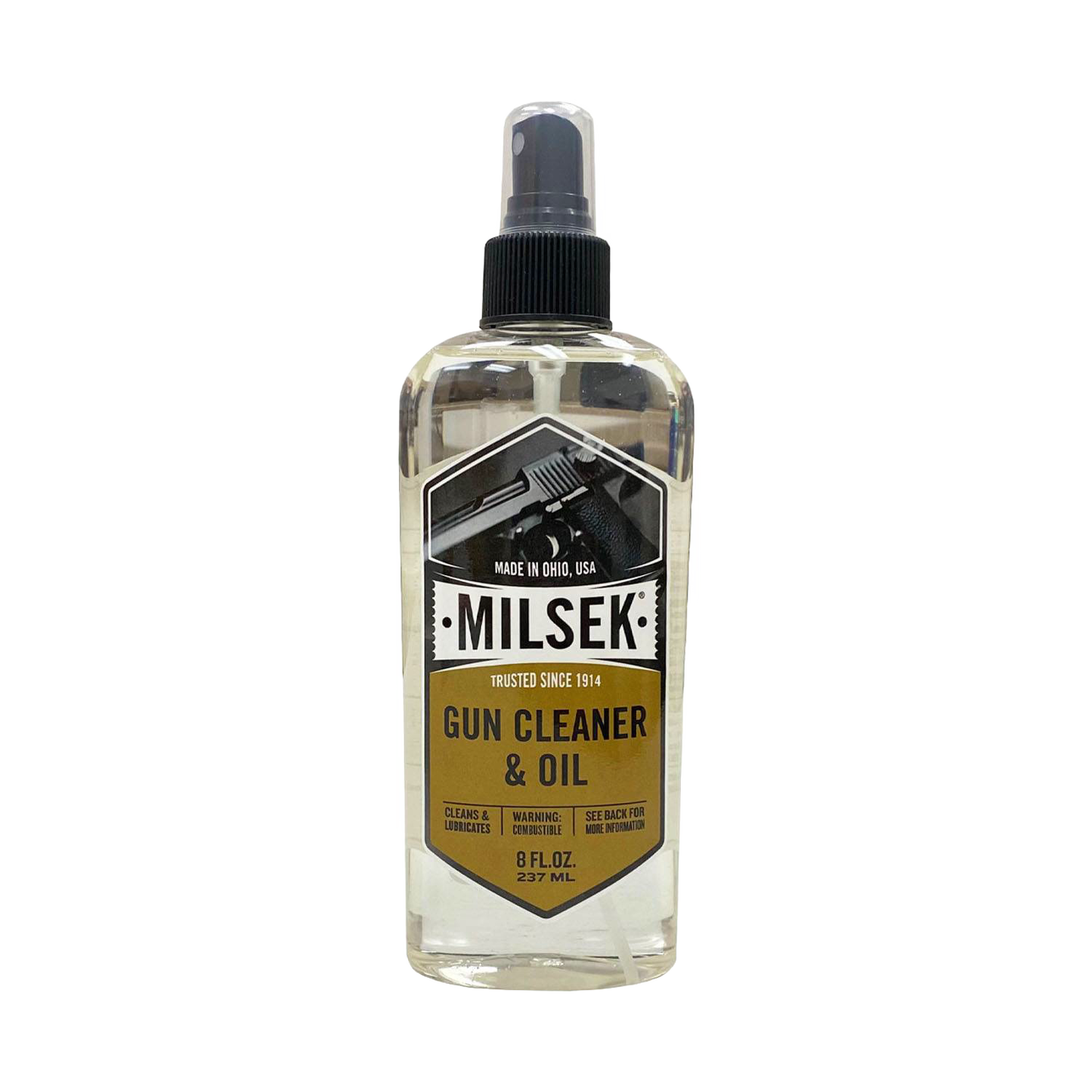 Clear spray bottle of handcrafted gun cleaner and oil with a black nozzle and label featuring a handgun graphic, part of Home & Decor, Household Cleaning, and USA Made collections.