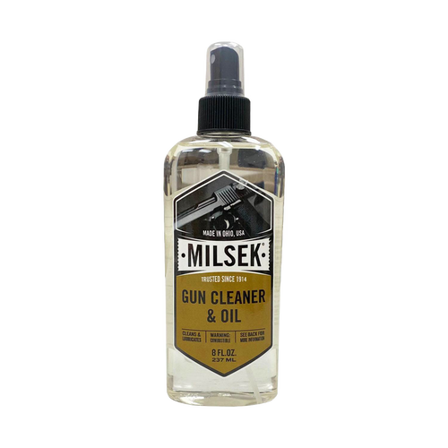 Clear spray bottle of handcrafted gun cleaner and oil with a black nozzle and label featuring a handgun graphic, part of Home & Decor, Household Cleaning, and USA Made collections.
