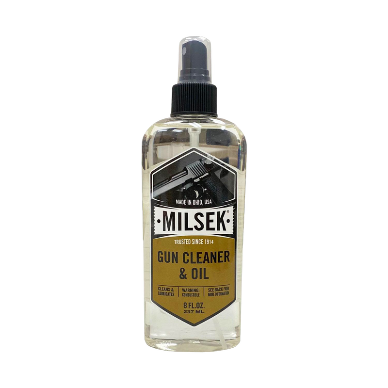 Clear spray bottle of handcrafted gun cleaner and oil with a black nozzle and label featuring a handgun graphic, part of Home & Decor, Household Cleaning, and USA Made collections.