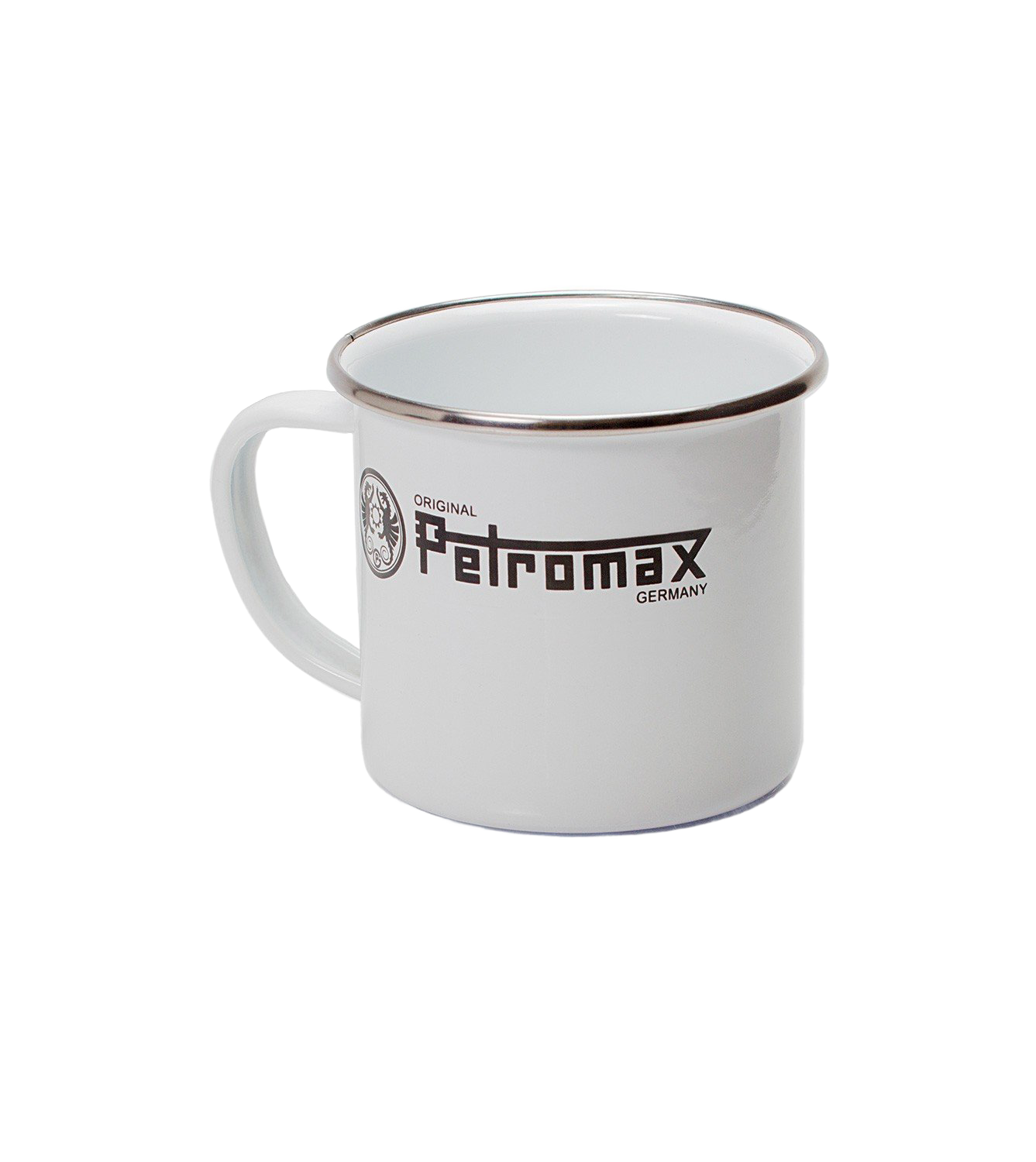 White enameled steel mug with metal rim and black logo, designed for Farm, Garden & Tool, Kitchen & Food, Camping, Brewing Coffee and Tea, Dinnerware, Best Sellers, and Promo Eligible collections.