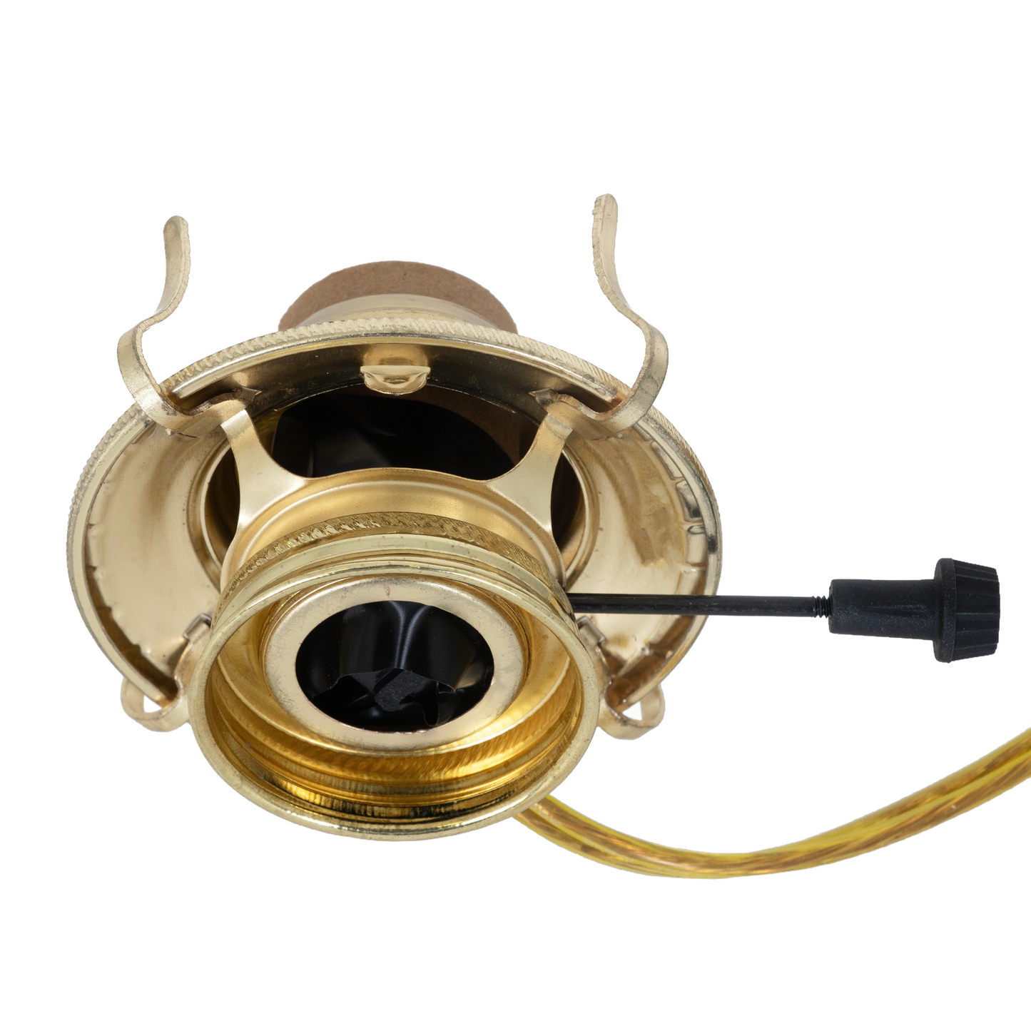 Handcrafted brass plated burner with removable screw-on collar, threaded 1-3/16" base, UL listed 6 ft. clear gold cord, suitable for Lamps & Lighting and Electric Conversion collections.