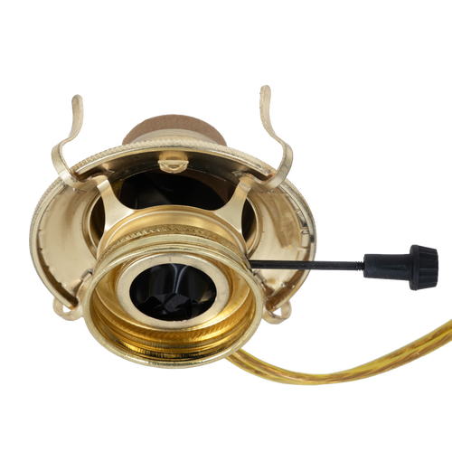 Handcrafted brass plated burner with removable screw-on collar, threaded 1-3/16" base, UL listed 6 ft. clear gold cord, suitable for Lamps & Lighting and Electric Conversion collections.