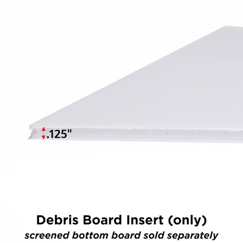 Close-up of a handcrafted Amish made white Coroplast debris board insert, designed to easily slide into an 8-frame screen base for monitoring mites in beekeeping and farm tool collections.