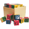 Set of handcrafted wooden ABC blocks featuring colorful letters, stored in a natural wooden box, perfect for children's toys, indoor play, and educational games collections.