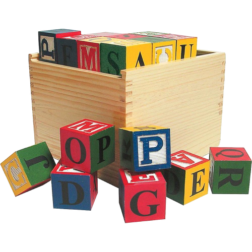 Set of handcrafted wooden ABC blocks featuring colorful letters, stored in a natural wooden box, perfect for children's toys, indoor play, and educational games collections.