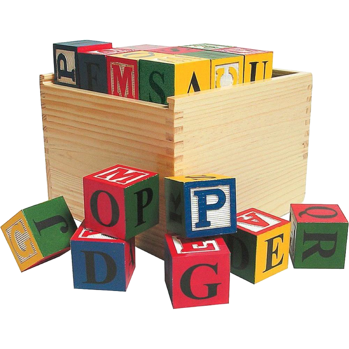 Set of handcrafted wooden ABC blocks featuring colorful letters, stored in a natural wooden box, perfect for children's toys, indoor play, and educational games collections.