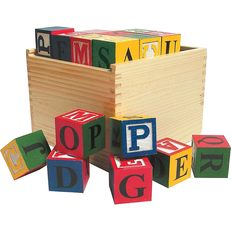 Set of handcrafted wooden ABC blocks featuring colorful letters, stored in a natural wooden box, perfect for children's toys, indoor play, and educational games collections.