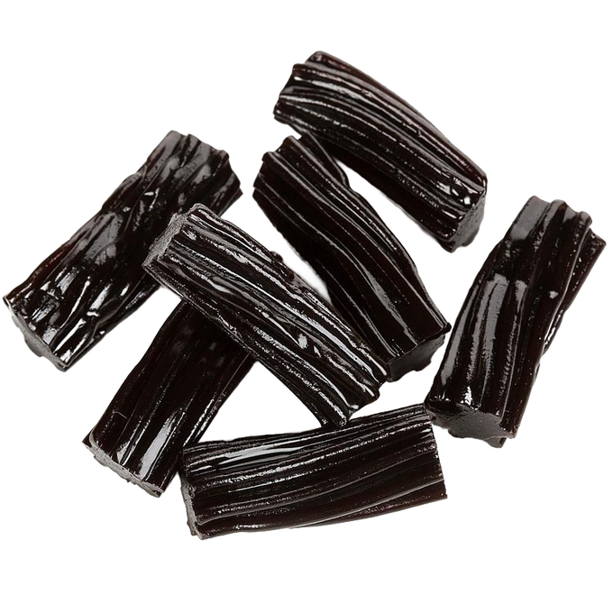 Soft and rich black licorice pieces made with real licorice root extract, handcrafted for a distinct flavor, featured in Kitchen & Food, Snacks and Sweets, Candy, Best Sellers, and Promo Eligible collections.