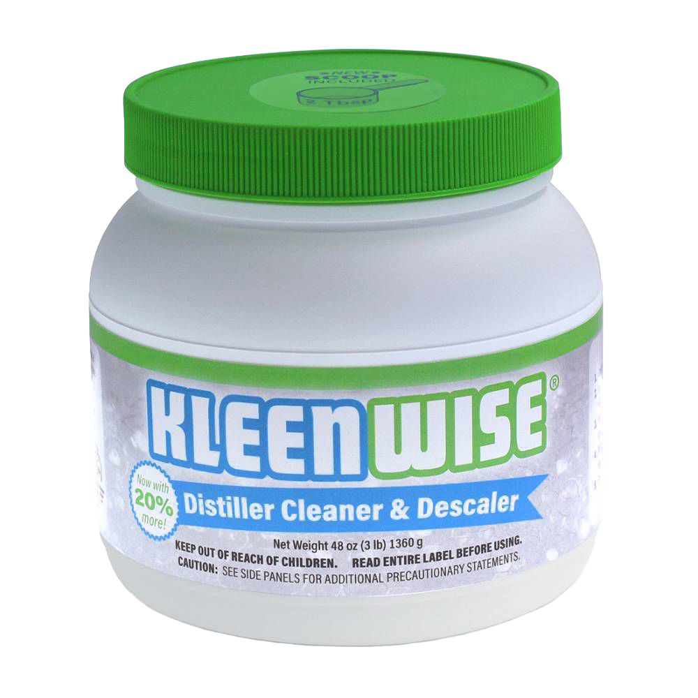 White plastic jar of Kleenwise distiller cleaner and descaler with a green screw-on lid, made in USA, ideal for appliances and water heating and treatment collections.