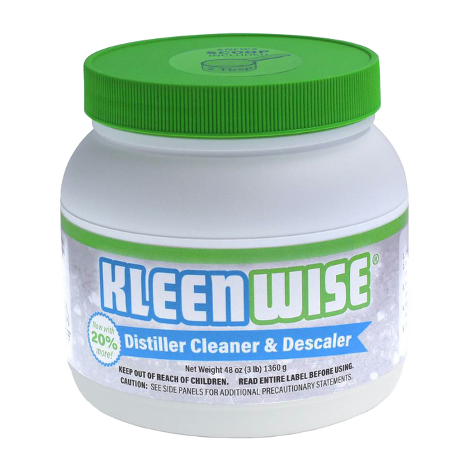 White plastic jar of Kleenwise distiller cleaner and descaler with a green screw-on lid, made in USA, ideal for appliances and water heating and treatment collections.