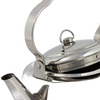 Close-up of a polished stainless steel teakettle with a threefold bent movable handle designed for hanging over fire, ideal for Farm, Garden & Tool, Camping, and Kitchen & Food collections.