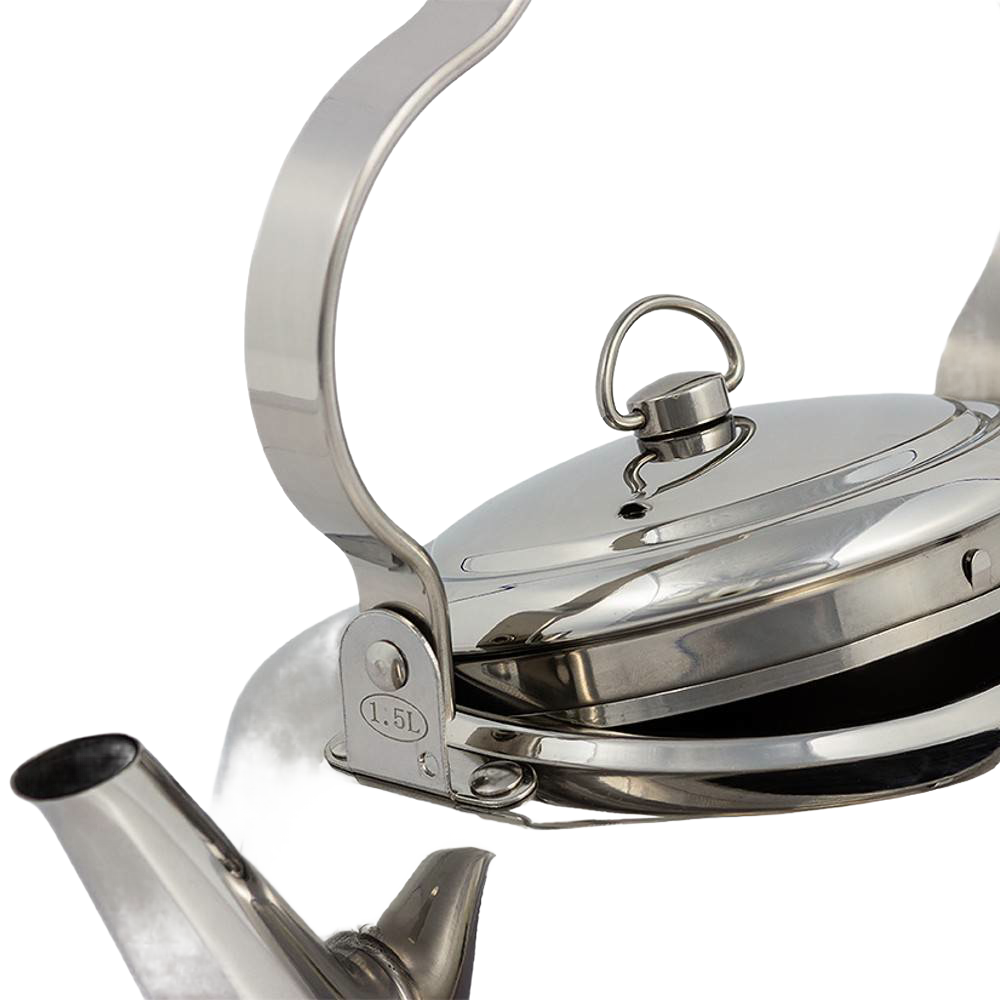 Close-up of a polished stainless steel teakettle with a threefold bent movable handle designed for hanging over fire, ideal for Farm, Garden & Tool, Camping, and Kitchen & Food collections.