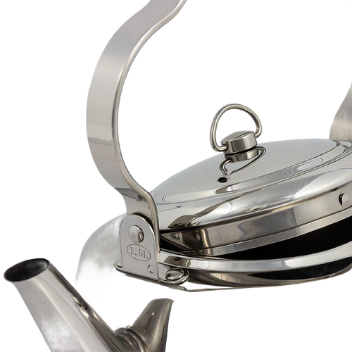Close-up of a polished stainless steel teakettle with a threefold bent movable handle designed for hanging over fire, ideal for Farm, Garden & Tool, Camping, and Kitchen & Food collections.