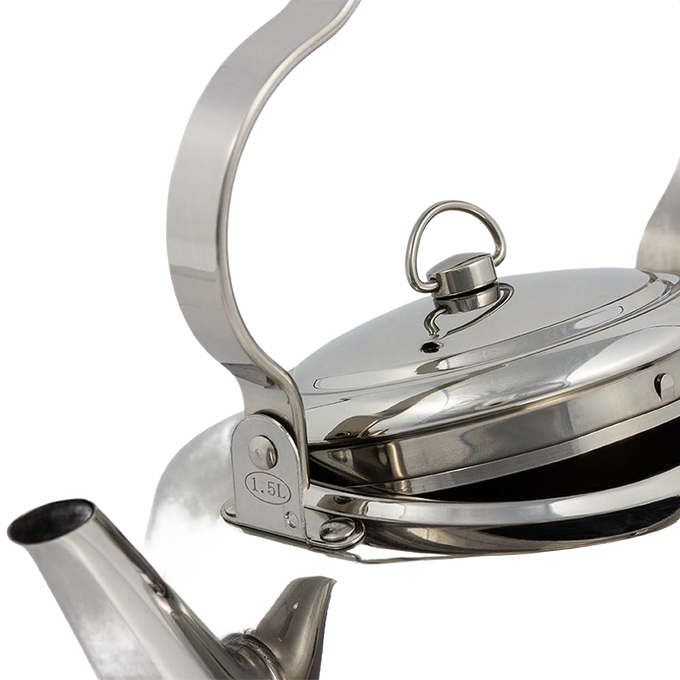 Close-up of a polished stainless steel teakettle with a threefold bent movable handle designed for hanging over fire, ideal for Farm, Garden & Tool, Camping, and Kitchen & Food collections.