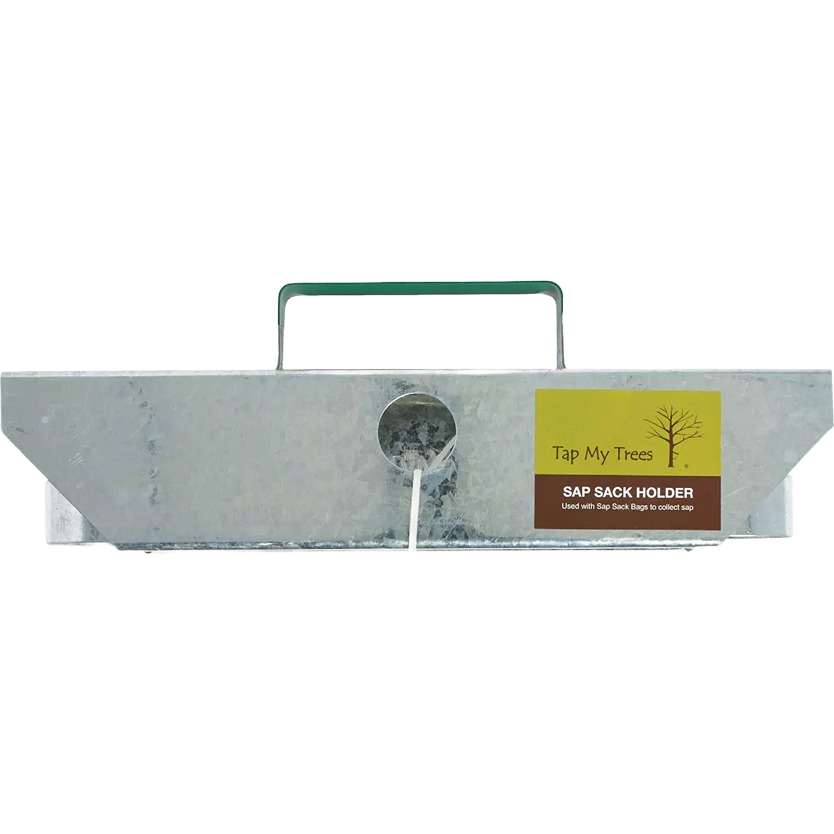 Galvanized metal sap bag holder with a handle and central opening for sap collection, handcrafted in the USA, featured in Farm, Garden & Tool and Maple Syrup Sugaring Supplies collections.