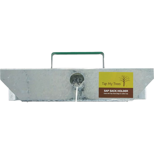 Galvanized metal sap bag holder with a handle and central opening for sap collection, handcrafted in the USA, featured in Farm, Garden & Tool and Maple Syrup Sugaring Supplies collections.