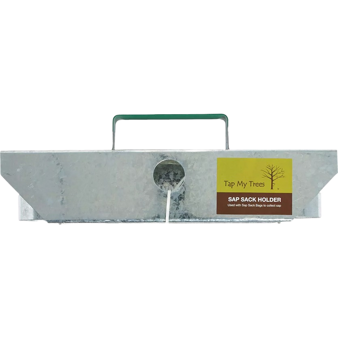 Galvanized metal sap bag holder with a handle and central opening for sap collection, handcrafted in the USA, featured in Farm, Garden & Tool and Maple Syrup Sugaring Supplies collections.