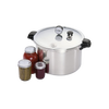 Heavy gauge aluminum pressure canner with locking lid, pressure gauge, and heat-resistant handles shown alongside sealed jars for food preservation and home canning collections.