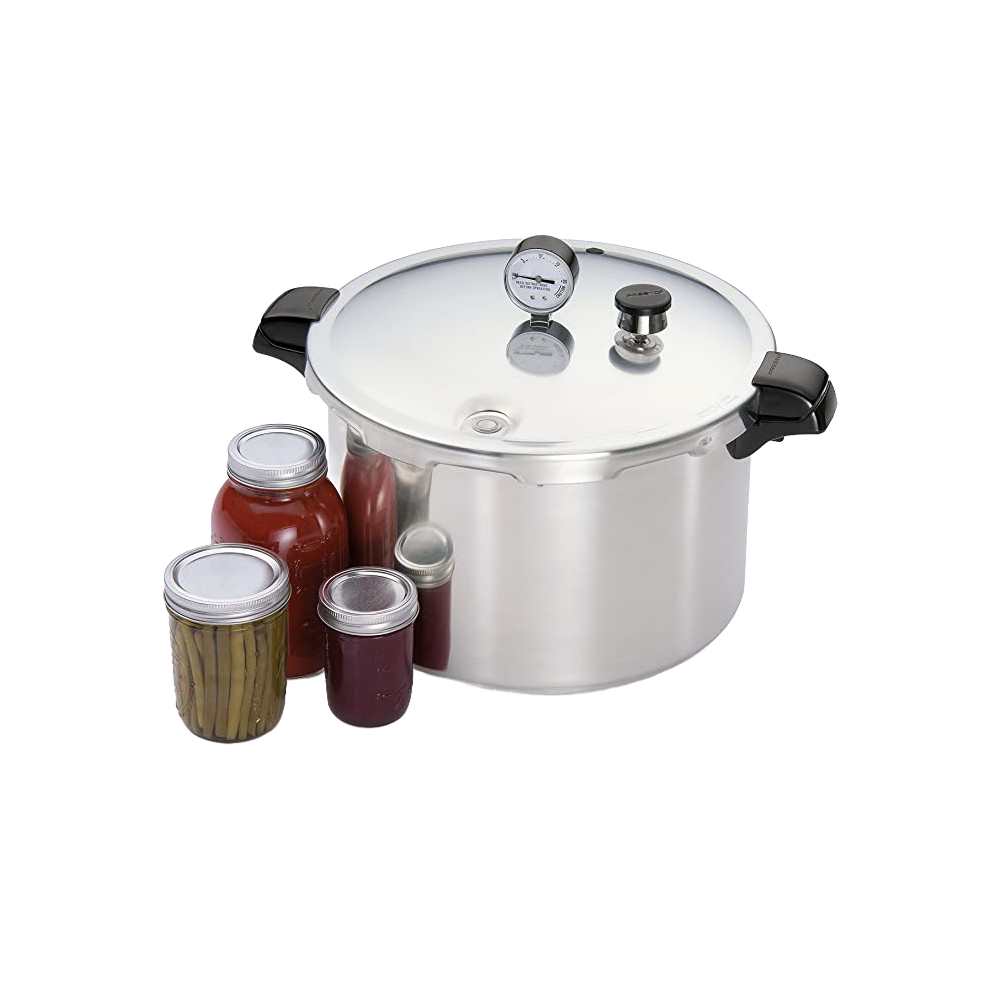 Heavy gauge aluminum pressure canner with locking lid, pressure gauge, and heat-resistant handles shown alongside sealed jars for food preservation and home canning collections.