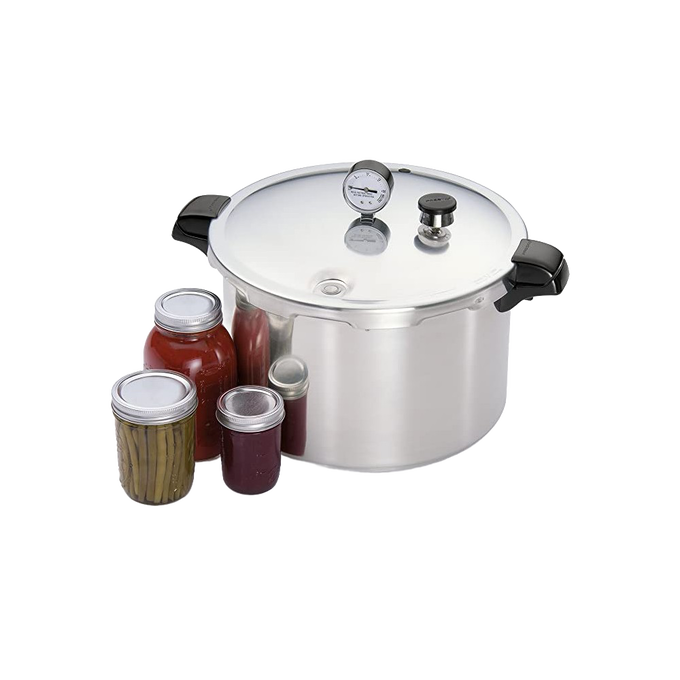 Heavy gauge aluminum pressure canner with locking lid, pressure gauge, and heat-resistant handles shown alongside sealed jars for food preservation and home canning collections.