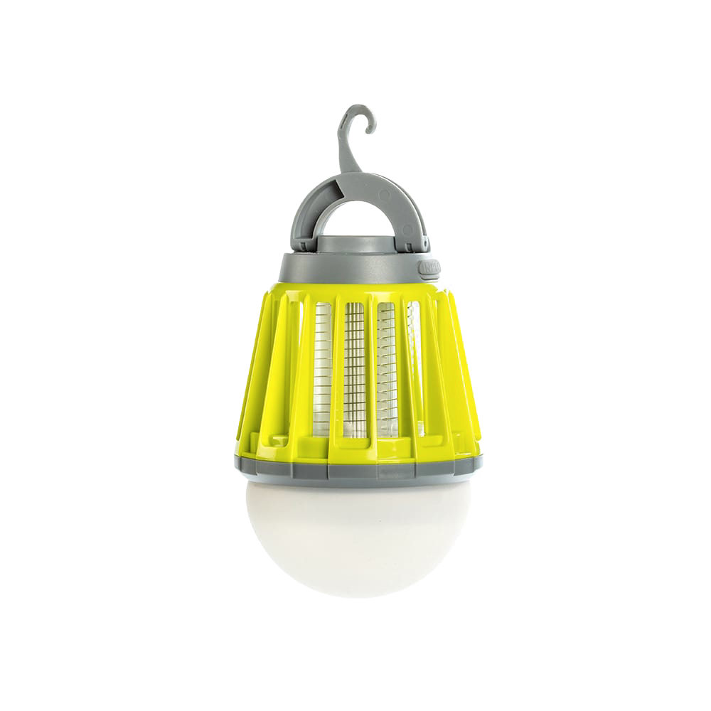Rechargeable mosquito killer lantern with bright LED light and ultraviolet mosquito trap, featuring a convenient hook for hanging, ideal for camping, outdoor pest control, and emergency use.