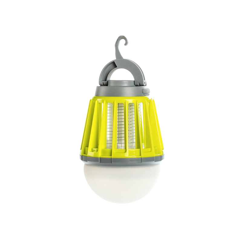 Rechargeable mosquito killer lantern with bright LED light and ultraviolet mosquito trap, featuring a convenient hook for hanging, ideal for camping, outdoor pest control, and emergency use.
